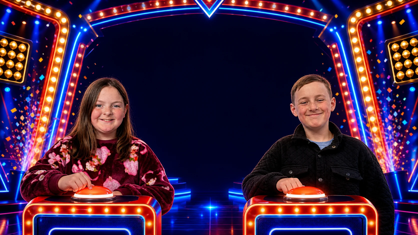 Illustrations of Kinsley and Jackson at game-show buzzers